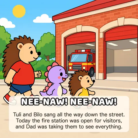 NEE-NAW! NEE-NAW! Tuli and Bilo sang all the way down the street. Today the fire station was open for visitors, and Dad was taking them to see everything.