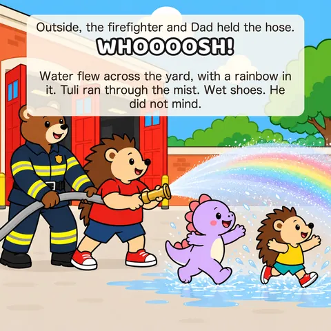 Outside, the firefighter and Dad held the hose. WHOOOOSH! Water flew across the yard, with a rainbow in it. Tuli ran through the mist. Wet shoes. He did not mind.